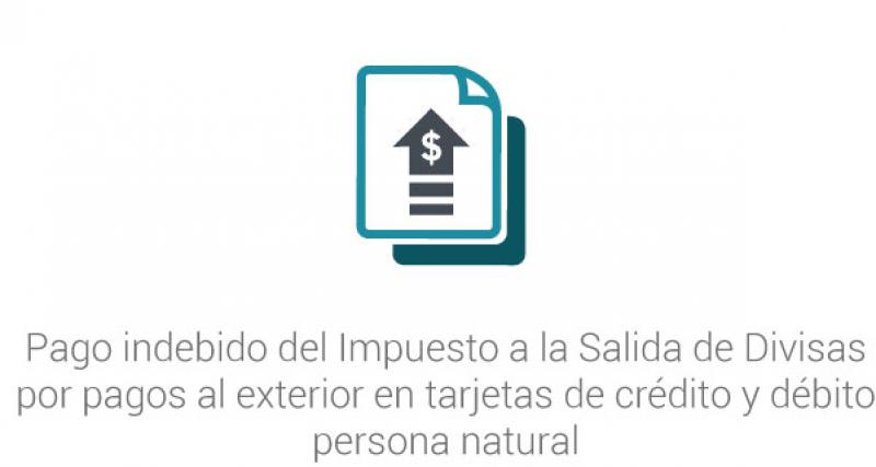 Trámite habilitado por el Servicio de Rentas Internas (SRI) que permite a las personas naturales solicitar el pago indebido del Impuesto a la Salida de Divisas por pagos al exterior en tarjetas de crédito y débito; y posterior devolución de los valores correspondientes (de ser el caso), mediante la presentación de los requisitos correspondientes en los diferentes canales de atención habilitados al ciudadano a nivel nacional.