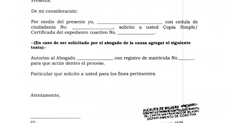 Solicitud de copia simple o certificada de procesos coactivos para personas que mantienen un juicio de coactiva con el Municipio de Milagro
