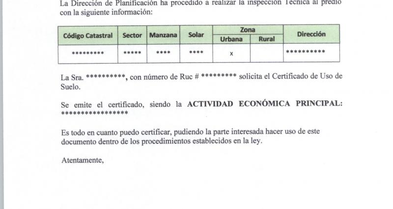 Cerificado de Uso de Suelo que emite el Gobierno Autónomo Descentralizado Municipal de General Antonio Elizalde (Bucay)