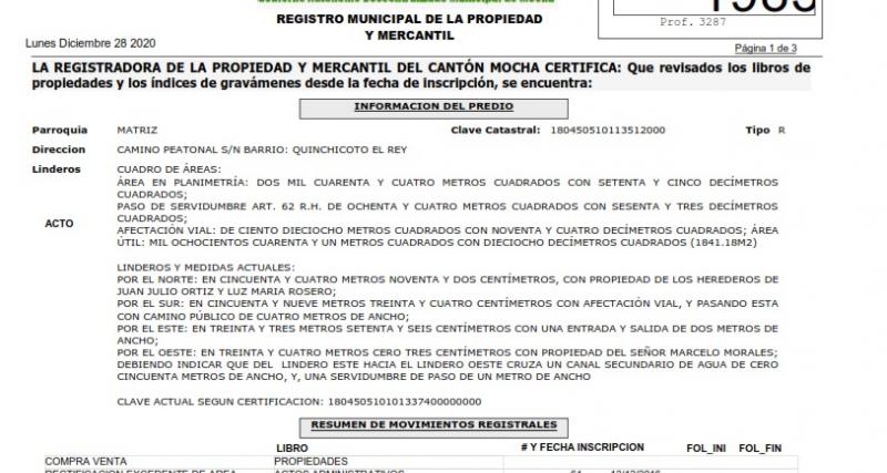Información proporcionada por el Registro de la Propiedad y Mercantil del Cantón Mocha (RPMCM)