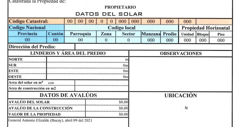Certificado de avaluo urbano y/o rural - Jefatura de Avaluos y Catastros del Gobierno Autonomo Descentralizado Municipal de General Antonio Elizalde (Bucay)