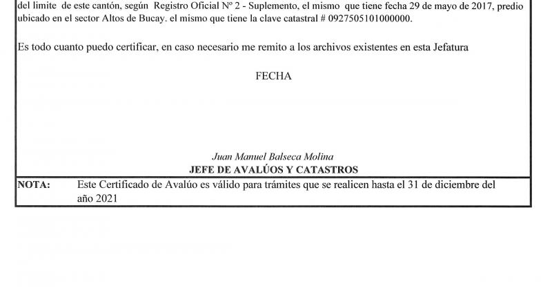 Certificación de no pertenecer al cantón General Antonio Elizalde (Bucay) - Jefatura de Avaluos y Catastros del Gobierno Autonomo Descentralizado Municipal de General Antonio Elizalde (Bucay)