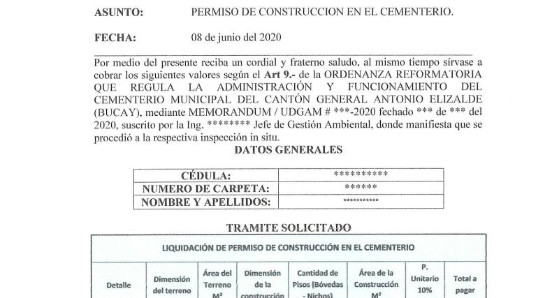 Permiso de construccion en el cementerio - Dirección de Planificación del Gobierno Autónomo Descentralizado Municipal de General Antonio Elizalde (Bucay)