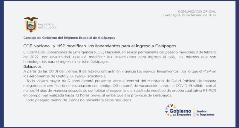Lineamientos para ingreso a Galápagos aplica desde el 11 de febrero de 2022