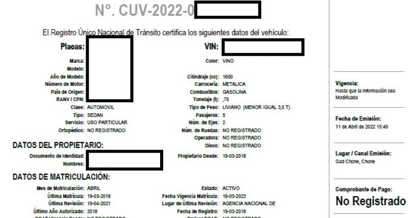 Ej. Certificado único vehicular