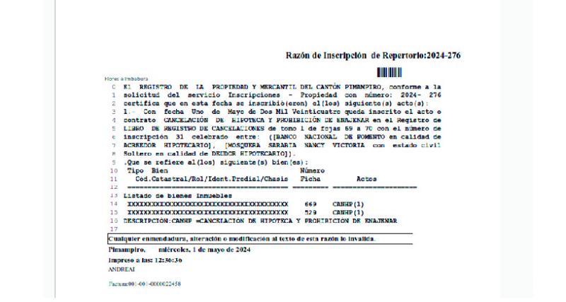 CANCELACION HIPOTECA Y PROHIBICION