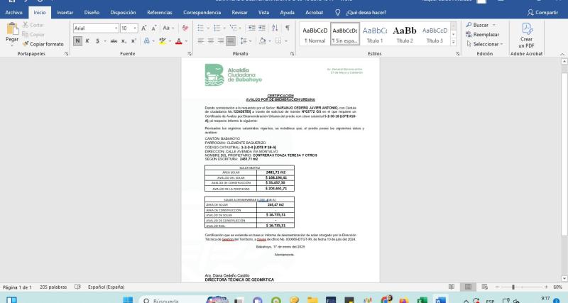 Certificado de avaluó por desmembración urbana/rural