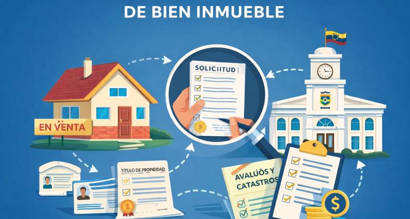 Ilustración del trámite de adjudicación urbana de un bien inmueble, que muestra una vivienda, documentos de solicitud, certificados, avalúos y una institución pública, conectados mediante flechas que representan las etapas del proceso administrativo.