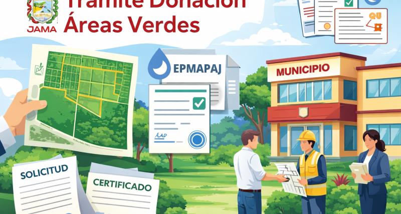 Ilustración institucional que representa el trámite de donación de áreas verdes, mostrando documentos administrativos, un plano del terreno con áreas verdes delimitadas y el edificio del municipio, simbolizando el proceso técnico y administrativo del GAD Municipal del cantón Jama.