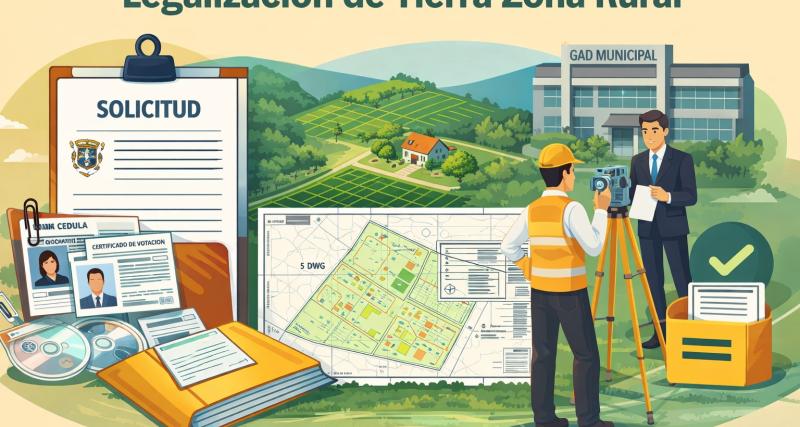 Ilustración del trámite de legalización de tierra en zona rural, que muestra un terreno rural con planos topográficos, documentos de solicitud, carpeta con requisitos, levantamiento planimétrico y un profesional realizando mediciones, junto a una edificación institucional que representa la gestión administrativa del trámite.
