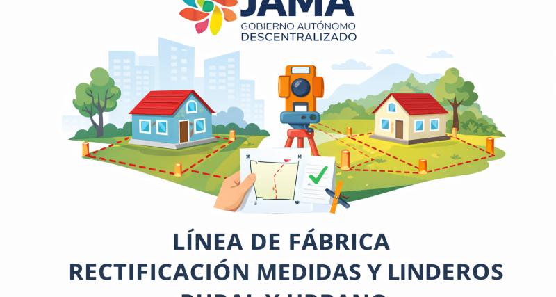 Ilustración que representa el trámite de Línea de Fábrica y Rectificación de Medidas y Linderos en áreas rurales y urbanas, mostrando viviendas, delimitación de predios, equipo de topografía y planos catastrales revisados por la municipalidad.
