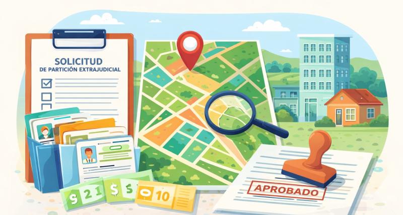 Ilustración que representa el trámite de Partición Extrajudicial urbana y rural, mostrando un formulario de solicitud, un plano catastral con división de predios, edificaciones urbanas y rurales, documentos administrativos y un sello de aprobación, simbolizando el proceso técnico y legal del trámite.
