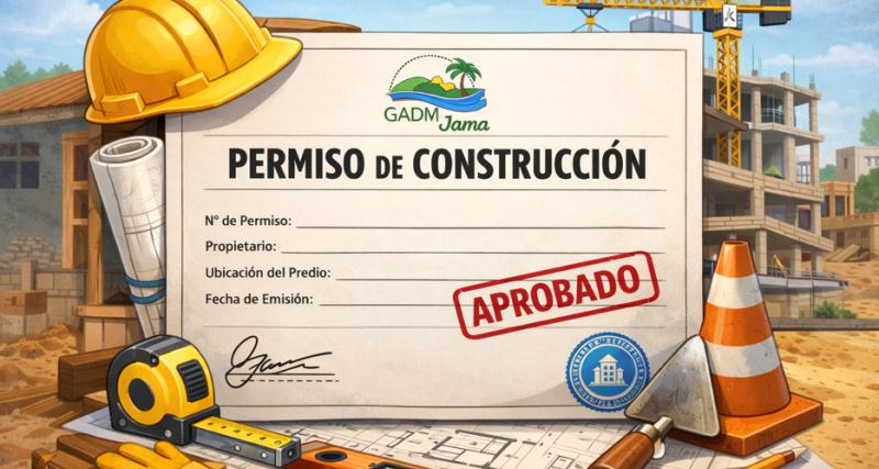 Ilustración de un Permiso de Construcción aprobado del GADM Jama, con un documento oficial sellado, herramientas de construcción y una obra en proceso al fondo, que representa el trámite municipal para autorizar edificaciones.