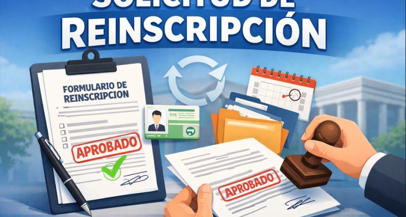 Ilustración que representa el trámite de solicitud de reinscripción, mostrando un formulario oficial, documentos de identificación, archivos administrativos y un sello de aprobación, simbolizando el proceso interno de validación del trámite.