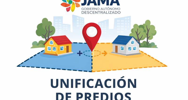 Ilustración que representa el trámite de Unificación de Predios, mostrando documentos oficiales, planos catastrales, revisión técnica municipal y la participación del Concejo Cantonal en el proceso administrativo.