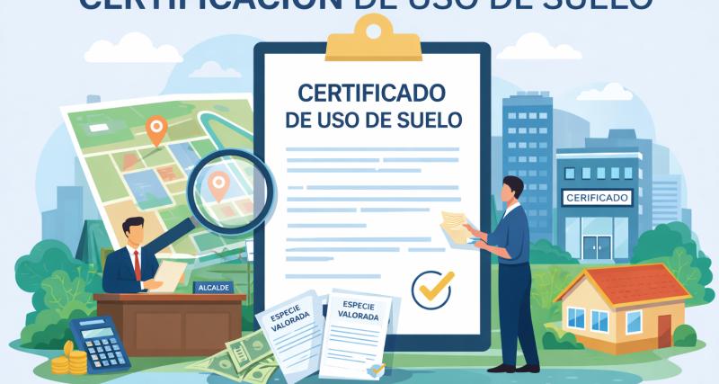 Ilustración que representa el trámite de Certificación de Uso de Suelo, mostrando un certificado oficial, un mapa del predio, personal municipal revisando la solicitud y elementos administrativos del proceso.