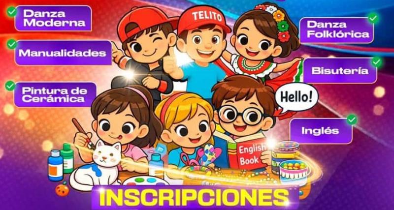 Ilustración colorida de niños realizando actividades recreativas y educativas, como danza moderna y folclórica, manualidades, pintura en cerámica, bisutería e inglés, acompañada del texto “Inscripciones”.