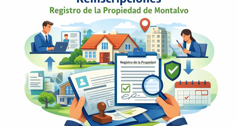 Ilustración del trámite “Reinscripciones” del Registro de la Propiedad de Montalvo, que muestra documentos legales, un certificado registrado, viviendas y personal revisando formularios, representando el proceso de actualización y reinscripción de bienes en el registro de la propiedad.