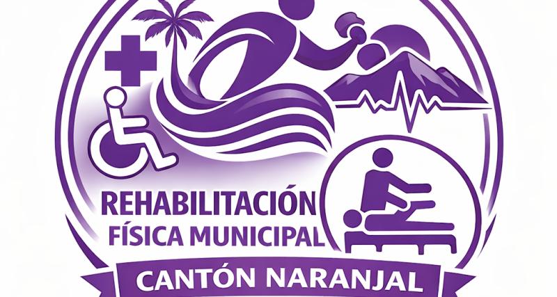 Logotipo circular en color lila de la Unidad de Rehabilitación Física Municipal del cantón Naranjal, con íconos de accesibilidad (silla de ruedas), fisioterapia (terapista con paciente en camilla), salud (cruz médica y línea de electrocardiograma) y elementos naturales, acompañado del texto institucional.