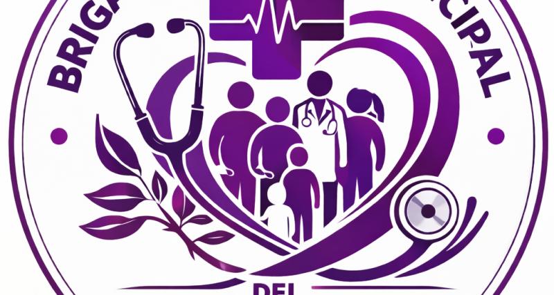 Logo circular en tonos morados de la Brigada Médica Municipal del cantón Naranjal, con una cruz médica central, un estetoscopio formando un corazón alrededor de figuras de una familia y un profesional de salud, acompañado del texto institucional ‘Salud, compromiso y servicio’.