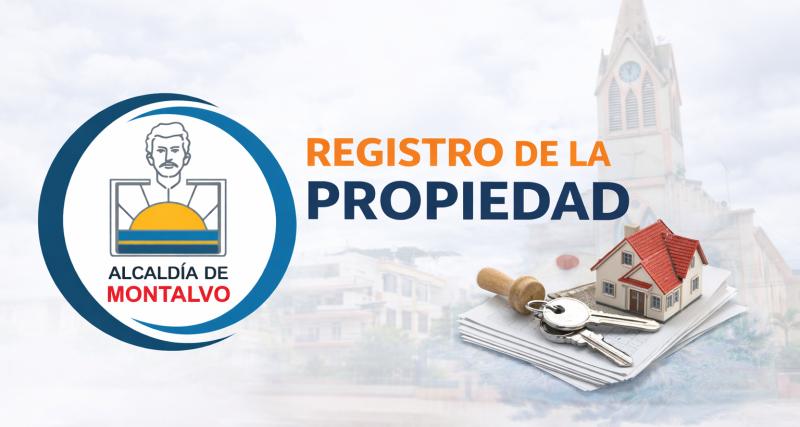 Ilustración del trámite del Registro de la Propiedad de Montalvo, que muestra documentos legales, un certificado registrado, viviendas y personal revisando formularios, representando el proceso de actualización y reinscripción de bienes en el registro de la propiedad.