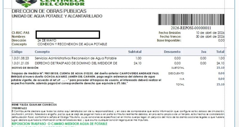 Modelo de documento de traspaso de dominio emitido por la Institución