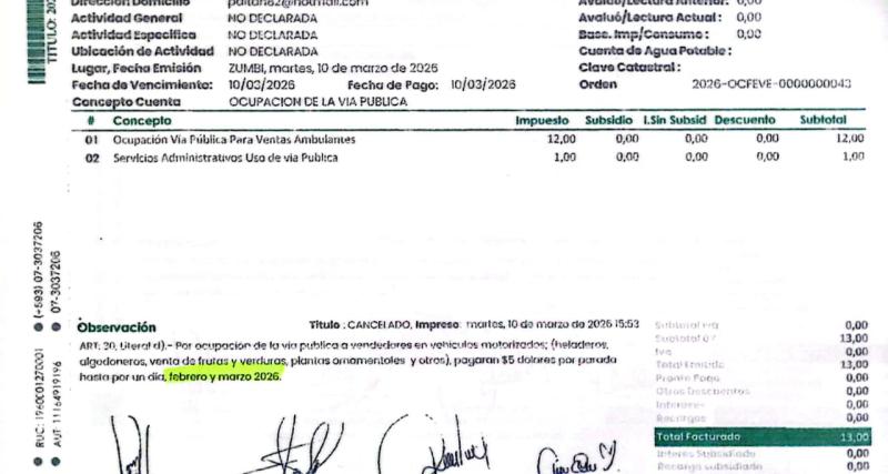 Orden de pago cancelada para la aprobación de un vendedor ambulante