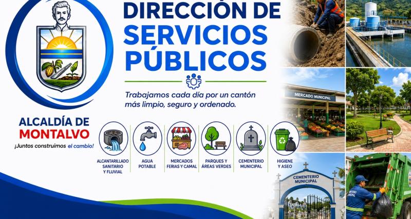 Banner institucional de la Dirección de Servicios Públicos del Municipio de Montalvo, con escudo oficial, fondo urbano y elementos gráficos que representan información sobre los diferentes servicios que brinda la dirección.