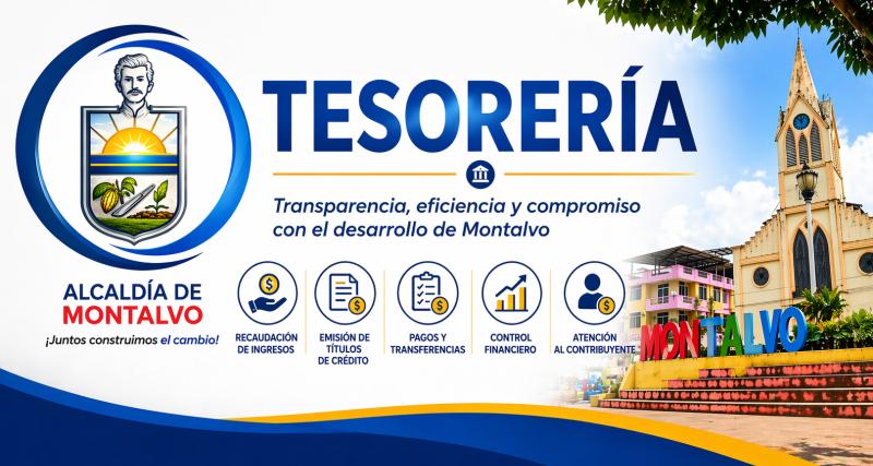 Banner institucional de La Unidad de Rentas del Municipio de Montalvo, con escudo oficial, elementos relacionados con los servicios que brinda la unidad..