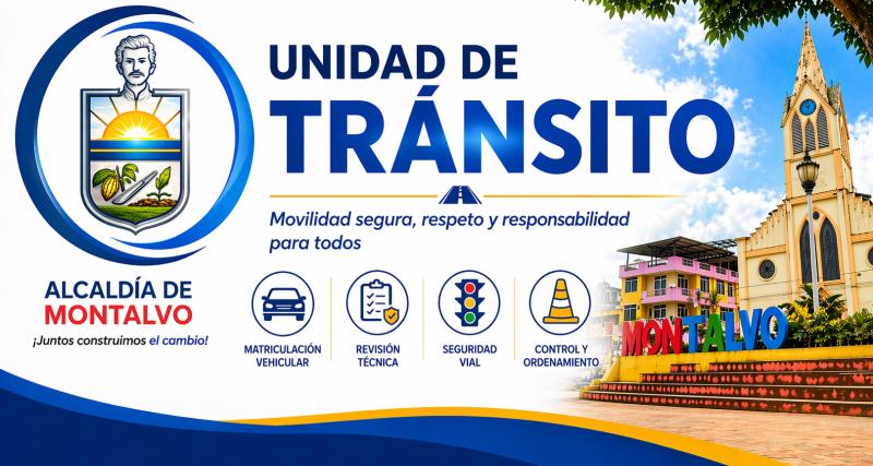 Banner de la Unidad de Tránsito del GAD Municipal de Montalvo con información sobre movilidad, matriculación vehicular y seguridad vial.