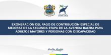 Exoneración del pago de contribución especial de mejoras de la segunda etapa de la avenida Baltra para adultos mayores y personas con discapacidad